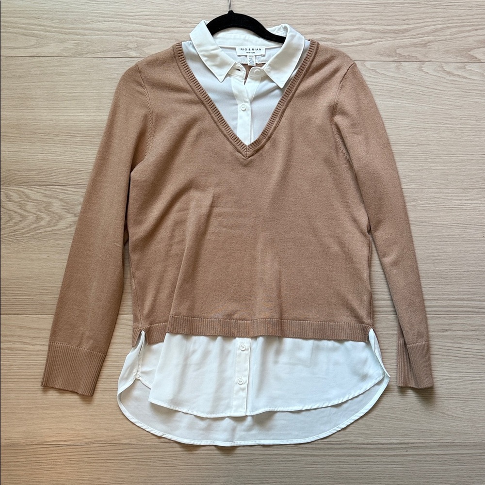Elegant Tan V-Neck Long Sleeve Top Rio & Rian NewYork